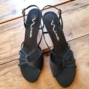 Nina Women's Black Satin Embellished Strappy Heels Size 9.5